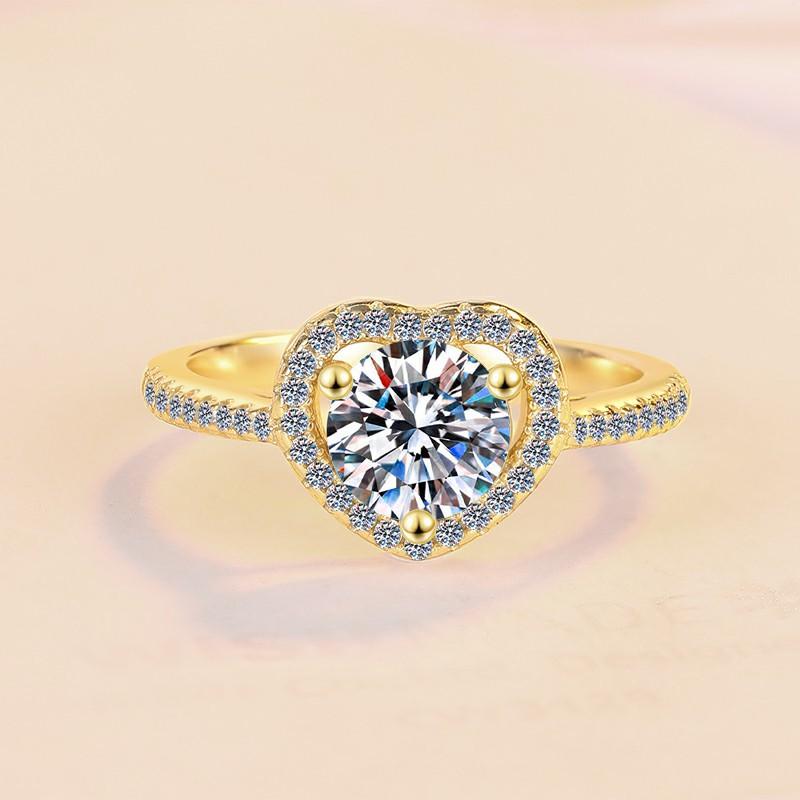 S925 Sterling Silver Golden Heart-Shaped Ring Synthetic Moissanite Ring-183(35%)