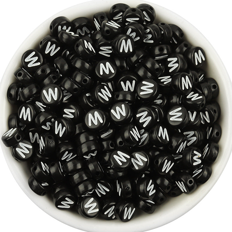 100 Pcs/Pack Acrylic Flat round Beads Diy Black Background White Love Beads/Single English Letter Loose Beads