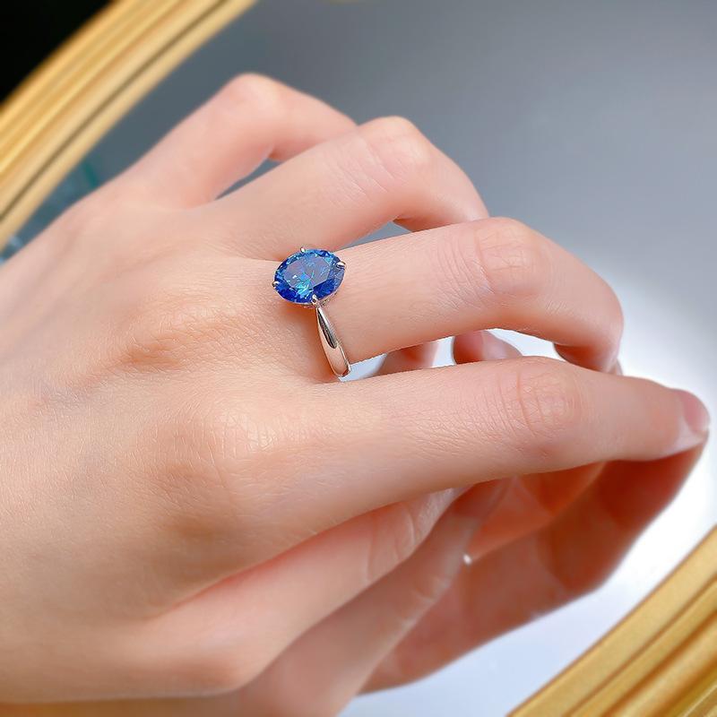 S925 Sterling Silver Blue Oval Cut Oval Ring 8*10mm 6A Cubic Zirconia Ring-374(35%)
