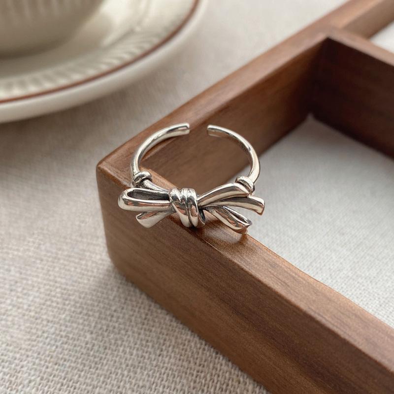 S925 Sterling Silver Vintage Distressed Bow Knot Ring for Women Open Ring -517(45%)