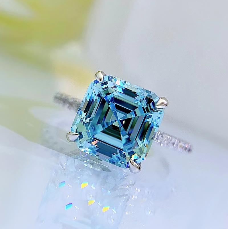 S925 Sterling Silver Blue Asscher Square Cut High Carbon Four Claws Ring 9*9mm 6A Cubic Zirconia Ring-459(25%)