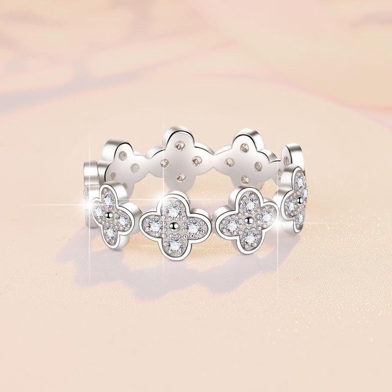 925 Sterling Silver Four-Petals Band Ring Synthetic Moissanite Ring fashion jewelry accessory woman girl promise ring-253(35%)