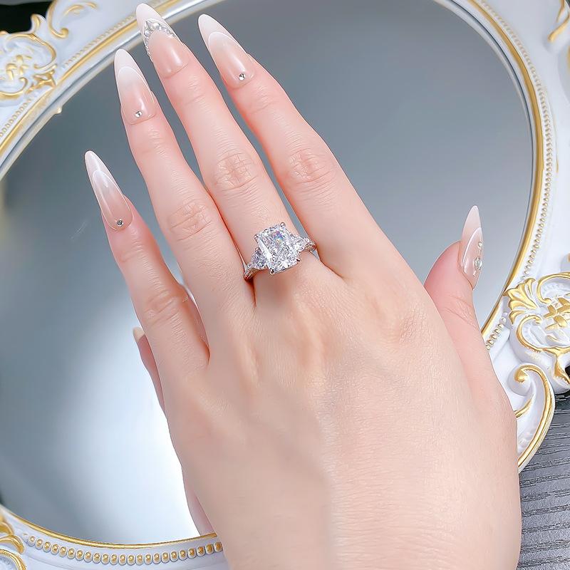 S925 Sterling Silver Ice Flower Cut Rectangular Three Stones Ring 8*11mm 5carat 8A Cubic Zirconia Ring-450(25%)