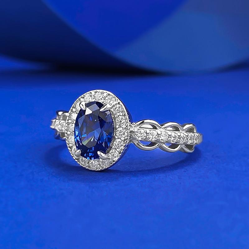 S925 Sterling Silver Blue Cushion Cut Oval Ring 5*7mm 6A Cubic Zirconia Ring-337(35%)