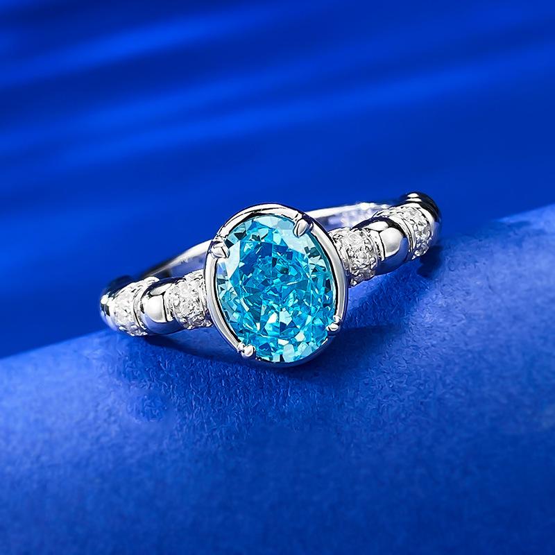 S925 Sterling Silver Light Sea Blue Round Ice Flower Cut 6*8 mm  8A Cubic Zirconia Ring-434(25%)