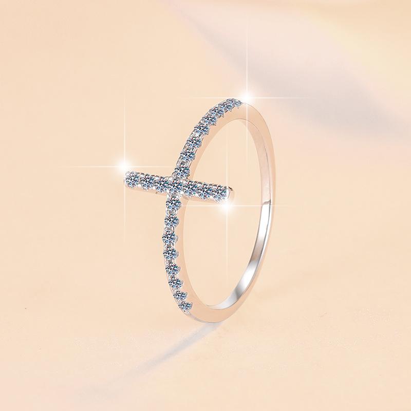 24. NO23 925 Sterling Silver Cross Ring Synthetic Moissanite Ring