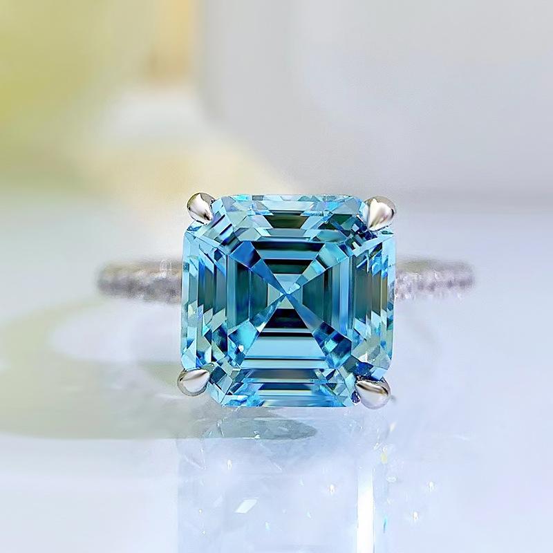 S925 Sterling Silver Blue Asscher Square Cut High Carbon Four Claws Ring 9*9mm 6A Cubic Zirconia Ring-459(25%)
