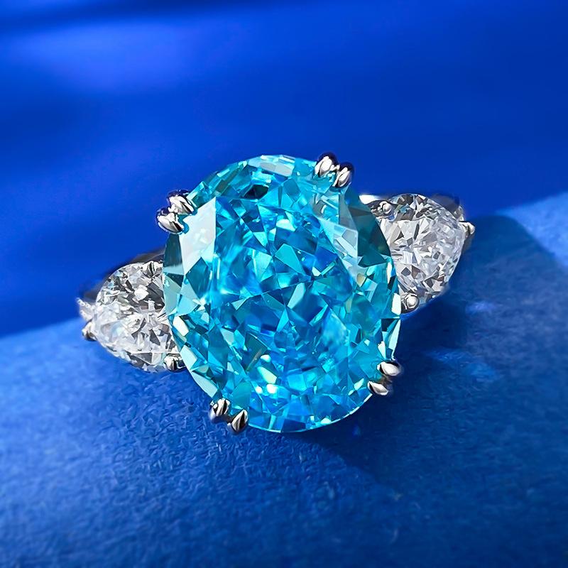 S925 Sterling Silver Aquamarine Three-stones Ice Flower Cut Oval Ring 10*12mm 8A Cubic Zirconia Ring-366(35%)