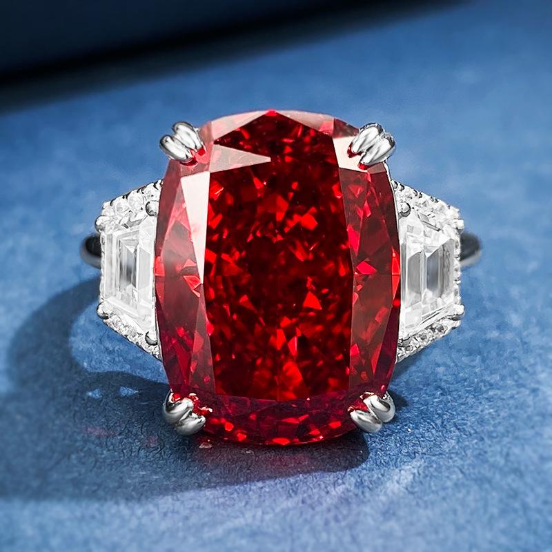 S925 Sterling Silver Red Three Stones Rectangular 11*15mm 8A Cubic Zirconia Ring-135(45%)