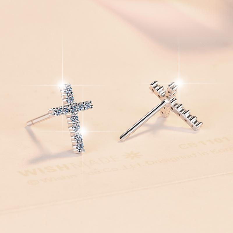 S925 Sterling Silver Cross Ear Stud Synthetic Moissanite Ear Stud Daily Life Earrings(35%)-612