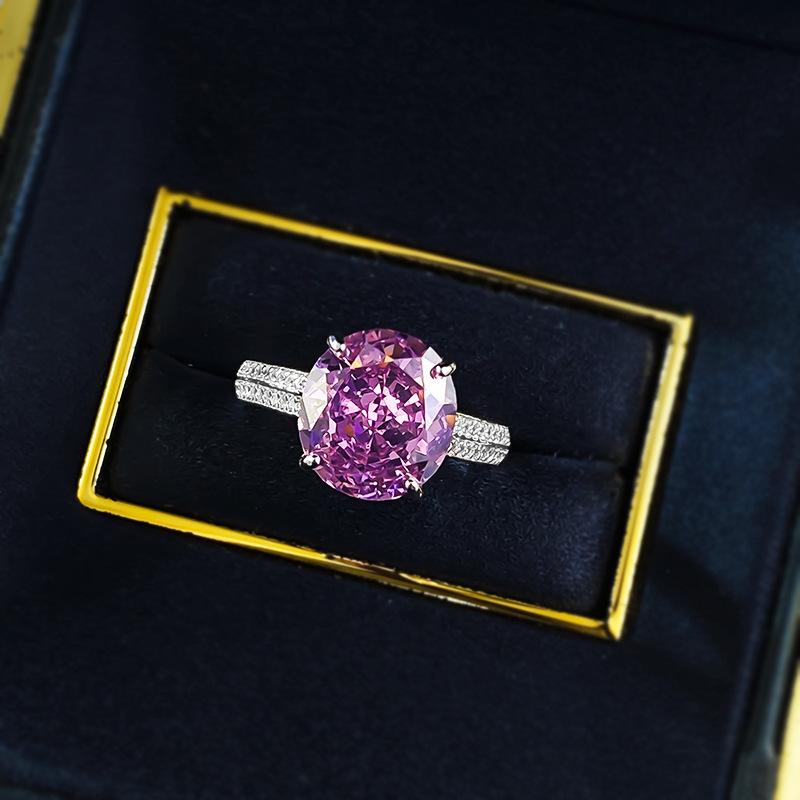 S925 Sterling Silver Purple Rose Pigeon Egg Cut Oval High Carbon Ring 10*11mm 6A Cubic Zirconia Ring-458(25%)