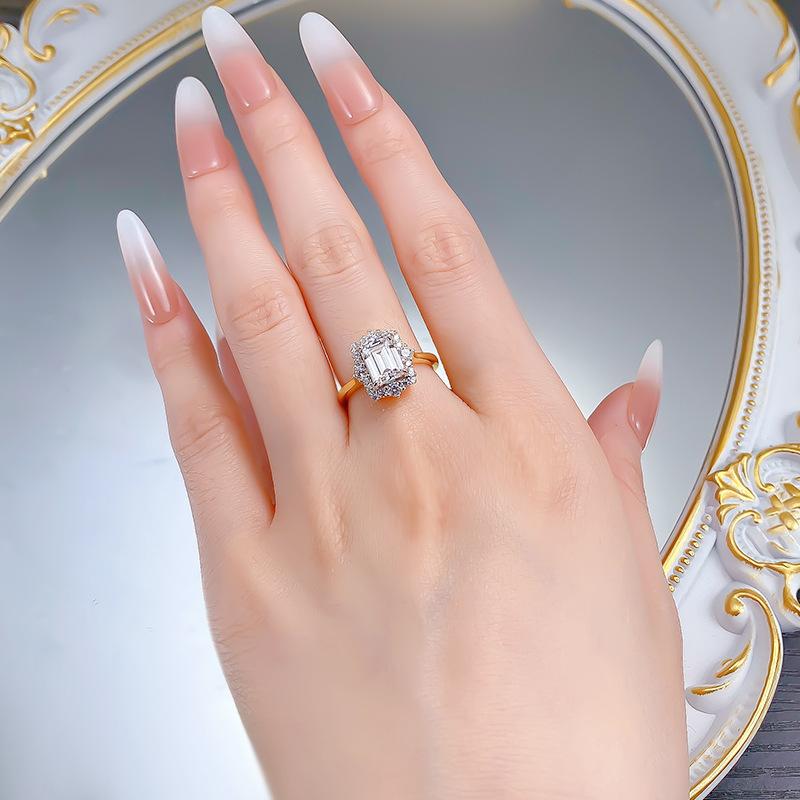 S925 Sterling Silver Rectangular Grandma Golden plated 6*8mm 6A Cubic Zirconia Ring-112(45%)