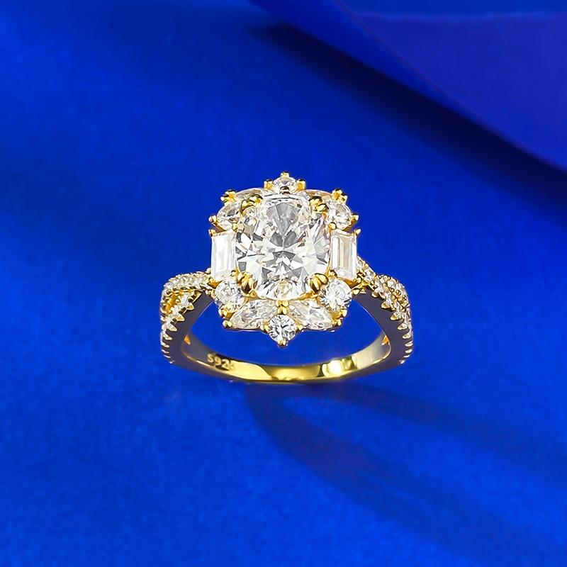 S925 Sterling Silver Pigeon Egg Oval Golden Plated 7*9mm 6A Cubic Zirconia Ring-451(25%)