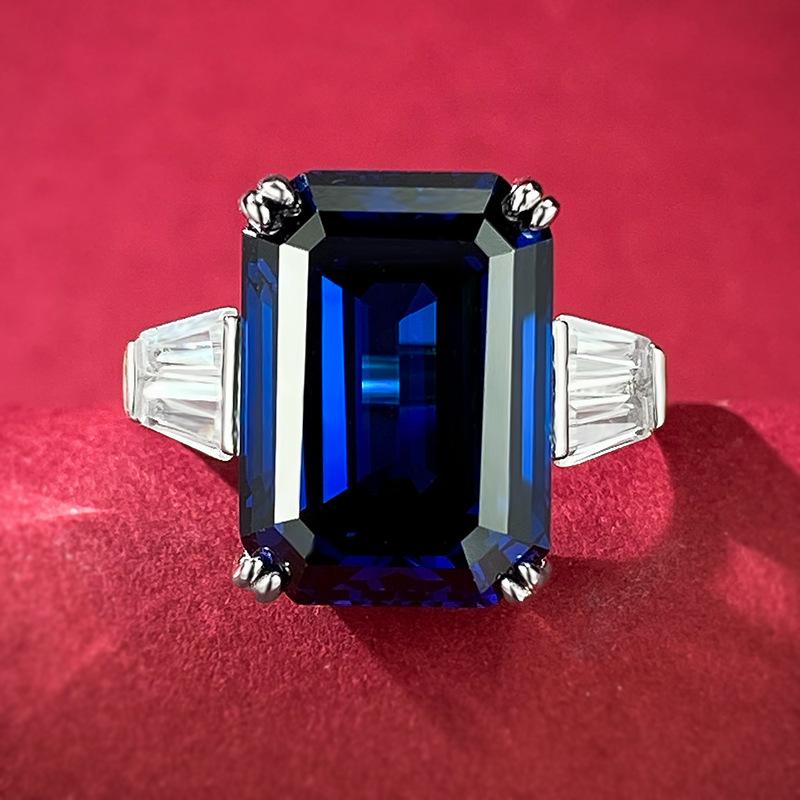 S925 Sterling Silver Blue Grandma Rectangular 10*14mm 6A Cubic Zirconia Ring-148(45%)