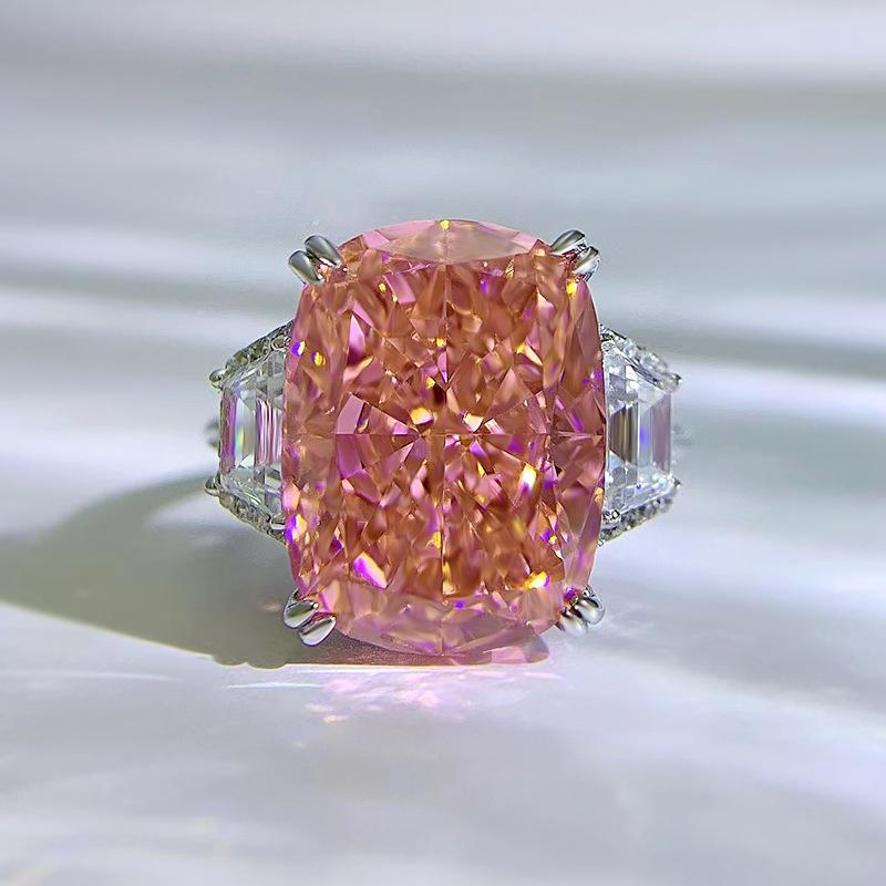S925 Sterling Silver Pink Rectangular Three Stones 11*15mm 8A Cubic Zirconia Ring-441(25%)