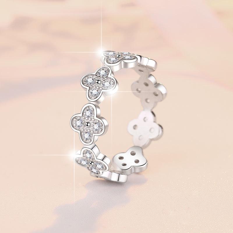 925 Sterling Silver Four-Petals Band Ring Synthetic Moissanite Ring fashion jewelry accessory woman girl promise ring-253(35%)