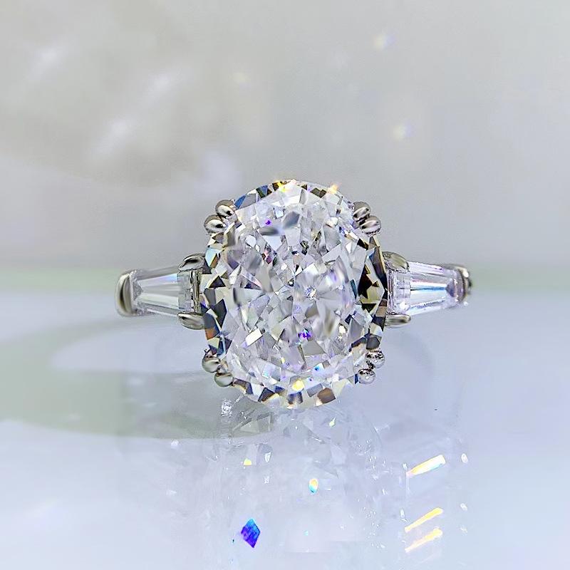 S925 Sterling Silver Ice Flower Cut Oval Four Claws High Carbon Ring 9*11mm 8A Cubic Zirconia Ring-461(25%)