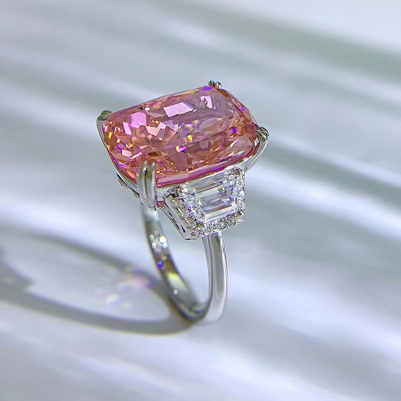 S925 Sterling Silver Pink Rectangular Three Stones 11*15mm 8A Cubic Zirconia Ring-441(25%)