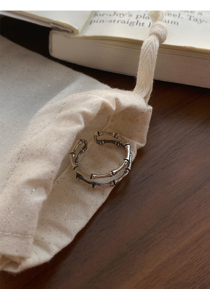 S925 Sterling Silver Vintage Distressed Double Layer Bamboo Knot Ring for Women Open Ring - 502(45%)
