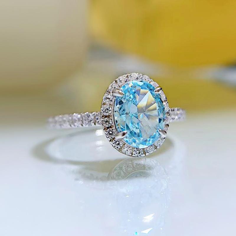 S925 Sterling Silver Aquamarine Radiant Cut Oval Ring 6*8mm 6A Cubic Zirconia Ring-239(35%)