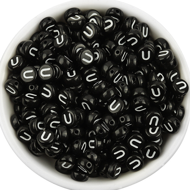 100 Pcs/Pack Acrylic Flat round Beads Diy Black Background White Love Beads/Single English Letter Loose Beads