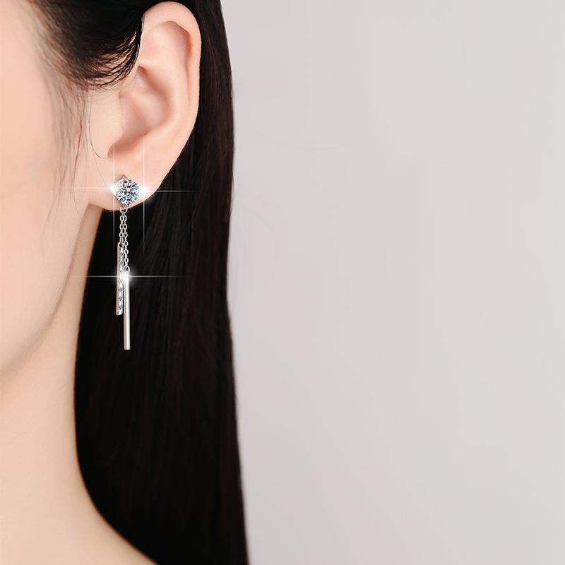 47. S925 Sterling Silver Long Tassel Stud Earrings Synthetic Moissanite Stud Earrings