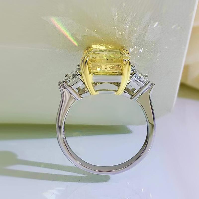 S925 Sterling Silver Yellow/Purple Radiant Cut High Carbon Three Stones Ring 10*12mm 8A Cubic Zirconia Ring-454(25%)