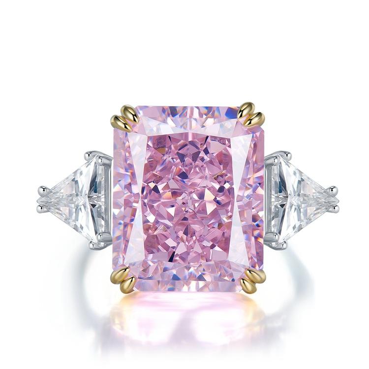 S925 Sterling Silver Pink/Yellow Rectangular Ice Flower Cut Three Stones 13*16mm 8A Cubic Zirconia Ring-444(25%)
