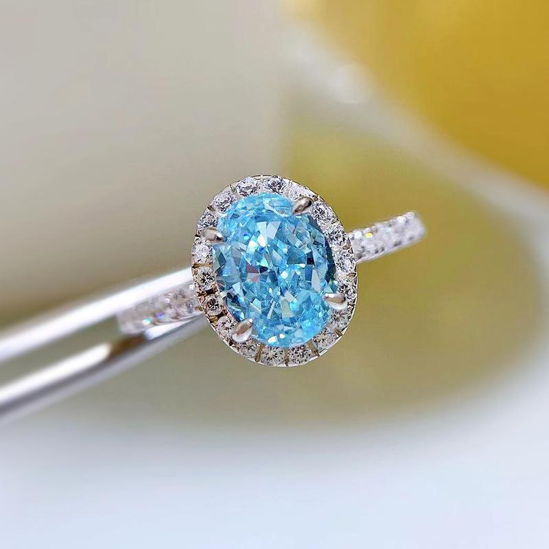 S925 Sterling Silver Aquamarine Radiant Cut Oval Ring 6*8mm 6A Cubic Zirconia Ring-239(35%)