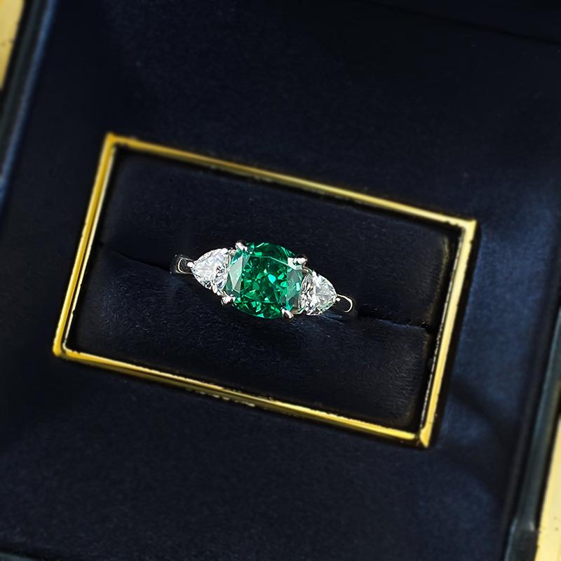 S925 Sterling Silver Green Ice Flower Cut Three Stones Square Four Claws Ring 7*7mm 2 Carat 6A Cubic Zirconia Ring-455(25%)