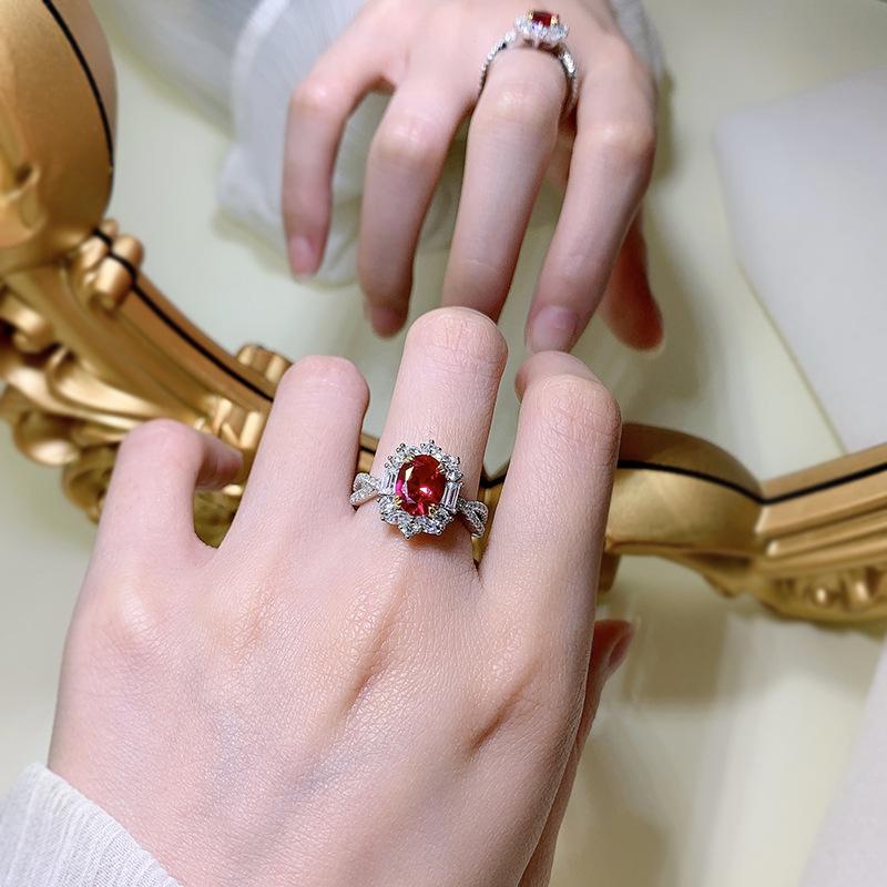 S925 Sterling Silver Red Oval Pigeon Egg 7*9 mm 6A Cubic Zirconia Ring-133(45%)