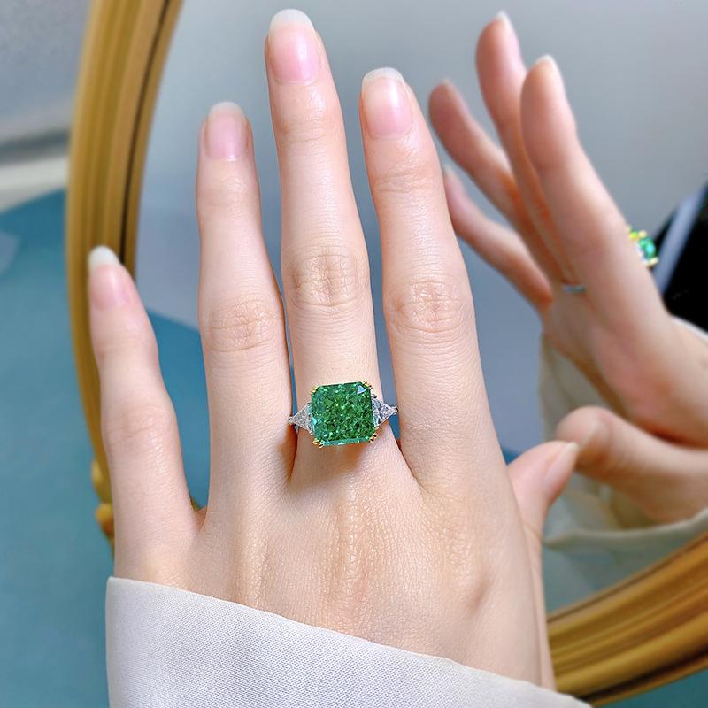 S925 Sterling Silver Green Three stones Square 10*10mm 6A Cubic Zirconia Ring-138(45%)