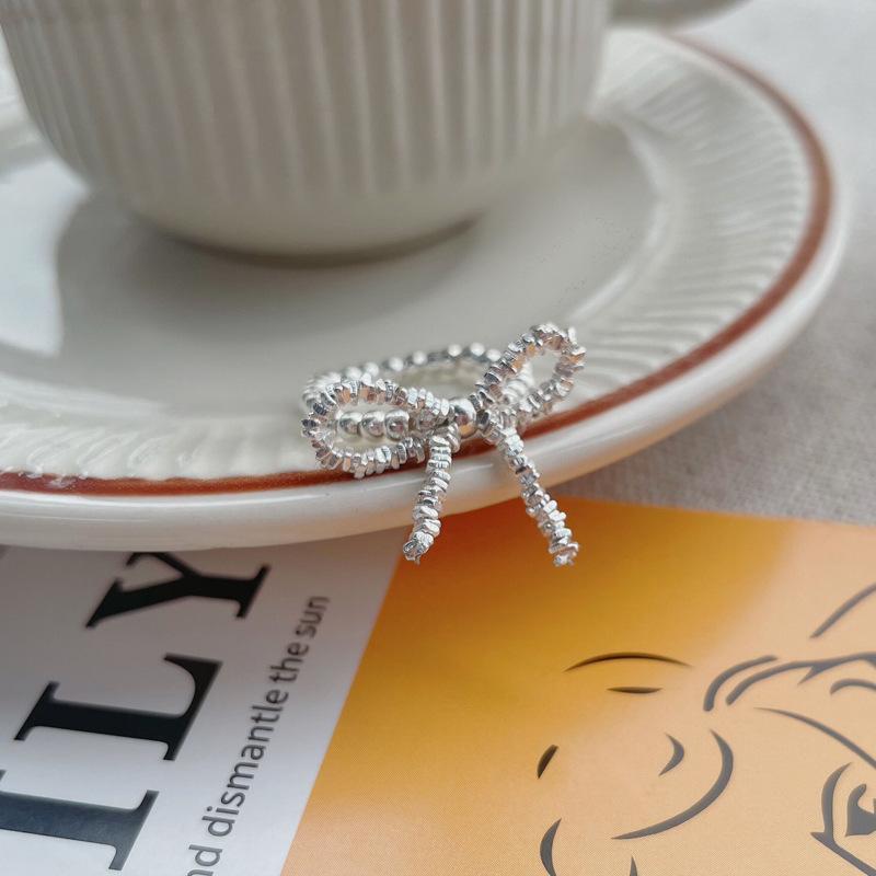 S925 Sterling Silver Broken Silver Bow Elastic Cord Stretch Beaded Ring for Women - 520(45%)
