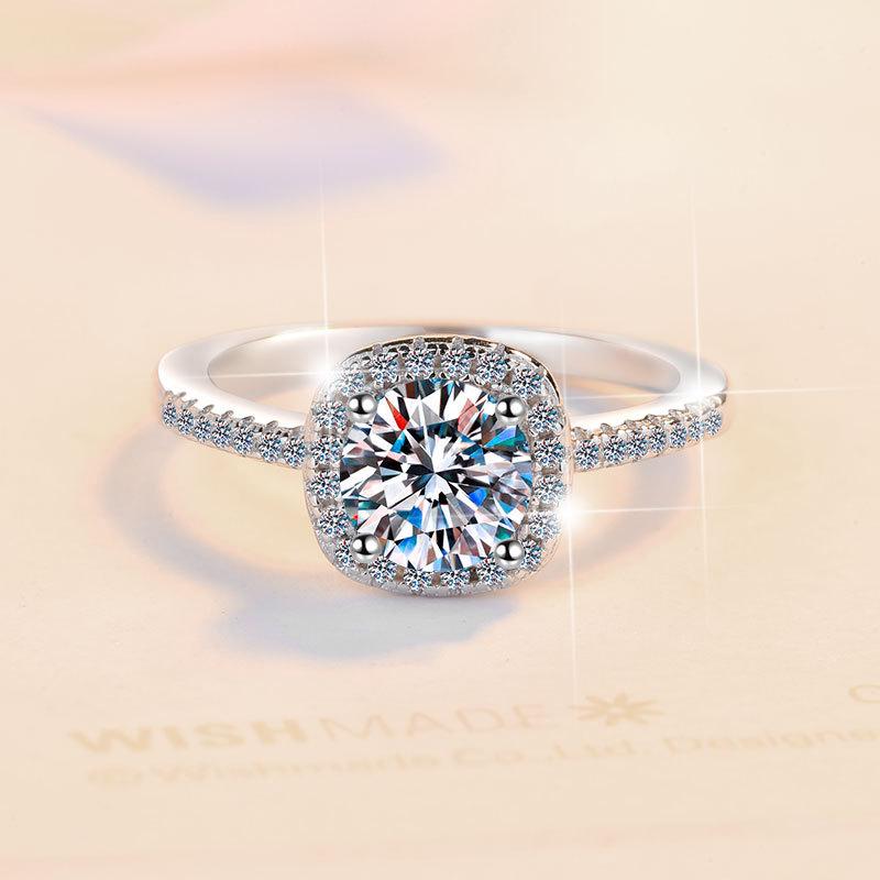 S925 Sterling Silver D Color Synthetic Moissanite Square Ring/ High Grade Synthetic Moissanite