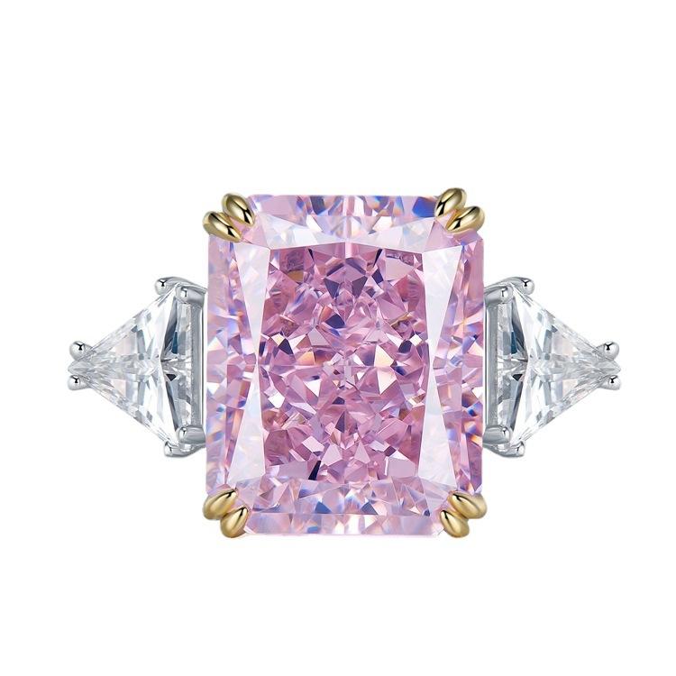 S925 Sterling Silver Pink/Yellow Rectangular Ice Flower Cut Three Stones 13*16mm 8A Cubic Zirconia Ring-444(25%)