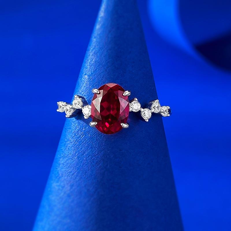 S925 Sterling Silver Red Oval 6*8mm 6A Cubic Zirconia Ring-140(45%)