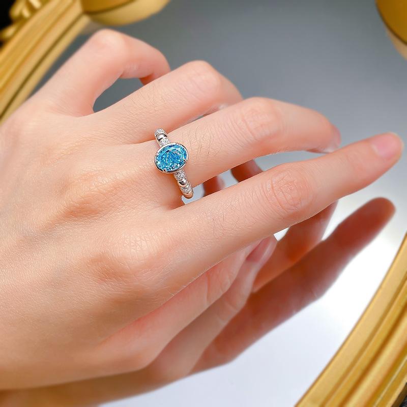 S925 Sterling Silver Light Sea Blue Round Ice Flower Cut 6*8 mm  8A Cubic Zirconia Ring-434(25%)