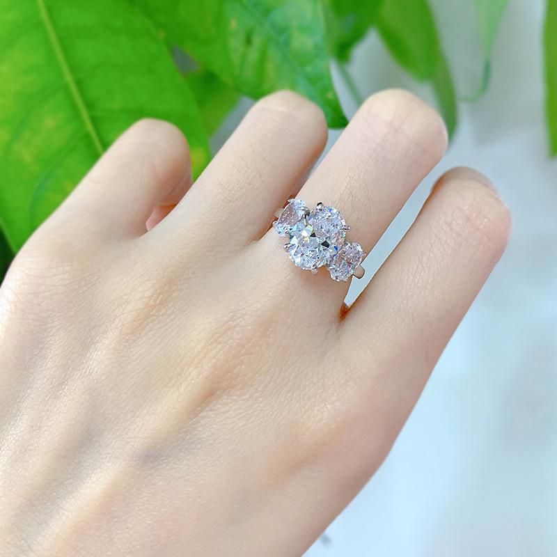 S925 Sterling Silver Big Three-stones Oval Cut Oval Ring 8*11mm 6A Cubic Zirconia Ring-234(35%)