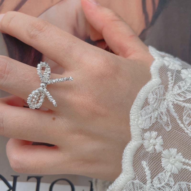 S925 Sterling Silver Broken Silver Bow Elastic Cord Stretch Beaded Ring for Women - 520(45%)
