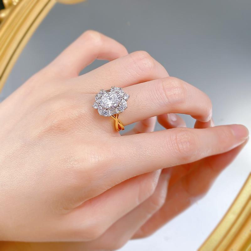 S925 Sterling Silver Pigeon Egg Oval Golden Plated 7*9mm 6A Cubic Zirconia Ring-111(45%)