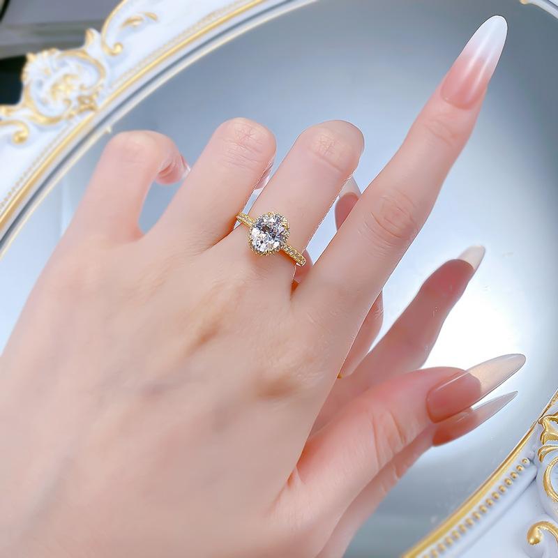 S925 Sterling Silver Oval Pigeon Eggs Golden Plated 7*9mm 6A Cubic Zirconia Ring-126(45%)