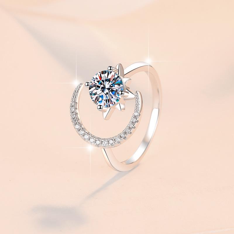 S925 Sterling Silver Starmoon Open Ring Synthetic Moissanite Ring fashion jewelry accessory woman girl promise ring-201(35%)