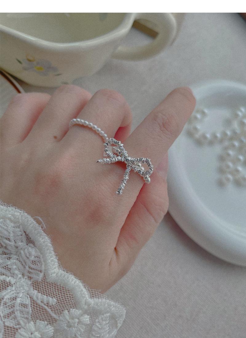 S925 Sterling Silver Broken Silver Bow Elastic Cord Stretch Beaded Ring for Women - 520(45%)