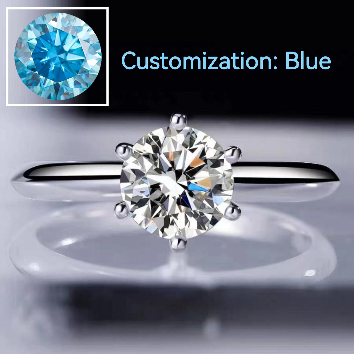 NO.104 Blue-S925 Sterling Silver D Color Synthetic Moissanite Six-claws Ring 1/2/3/5 Carat Elegant Luxury Daily Life Woman Birthday Gift Engagement fashion jewelry accessory woman girl promise ring Springtok