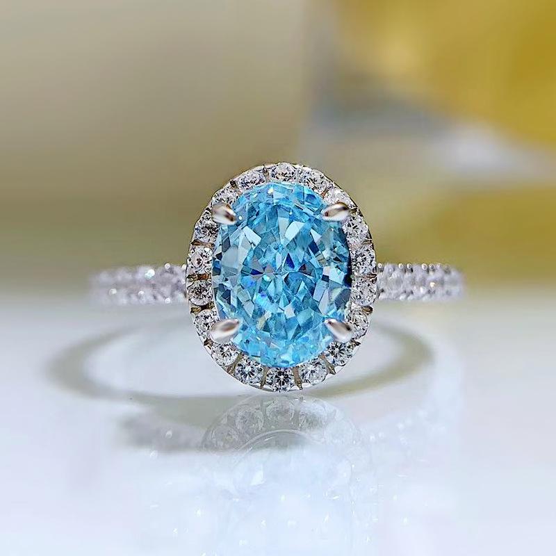 S925 Sterling Silver Aquamarine Radiant Cut Oval Ring 6*8mm 6A Cubic Zirconia Ring-239(35%)