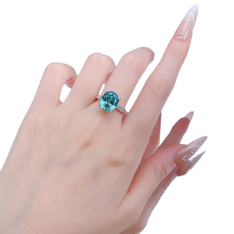 S925 Sterling Silver Green Oval Cut Four Claws Ring 10*12mm 8A Cubic Zirconia Ring-460(25%)