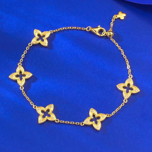 S925 Sterling Five-leaf Clover with Golden Trim Bracelet-309(45%)