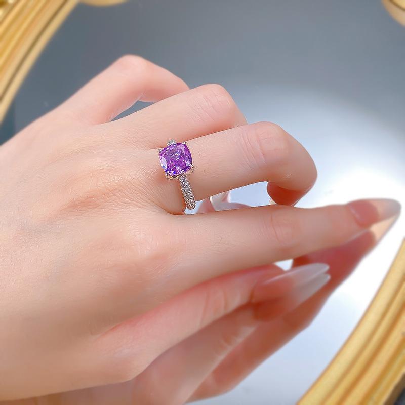 S925 Sterling Silver Purple Square Four-claws Ring 8*8mm 6A Cubic Zirconia Ring-419(25%)