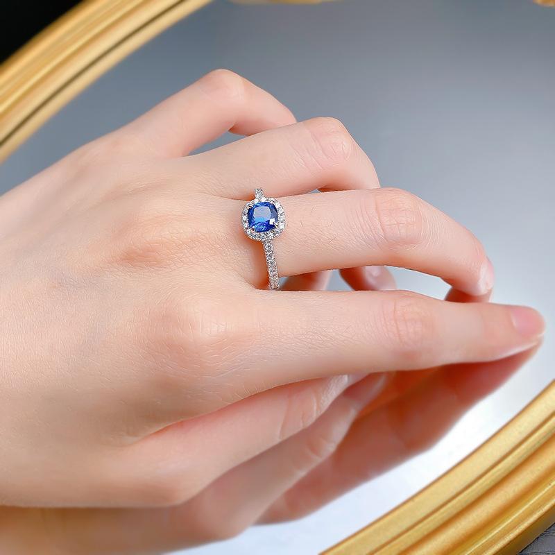 S925 Sterling Silver Blue Cushion Cut Sqare Ring 6*6mm 6A Cubic Zirconia Ring-376(35%)
