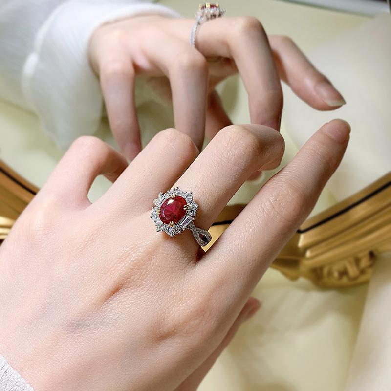 S925 Sterling Silver Red Oval Pigeon Egg 7*9 mm 6A Cubic Zirconia Ring-133(45%)